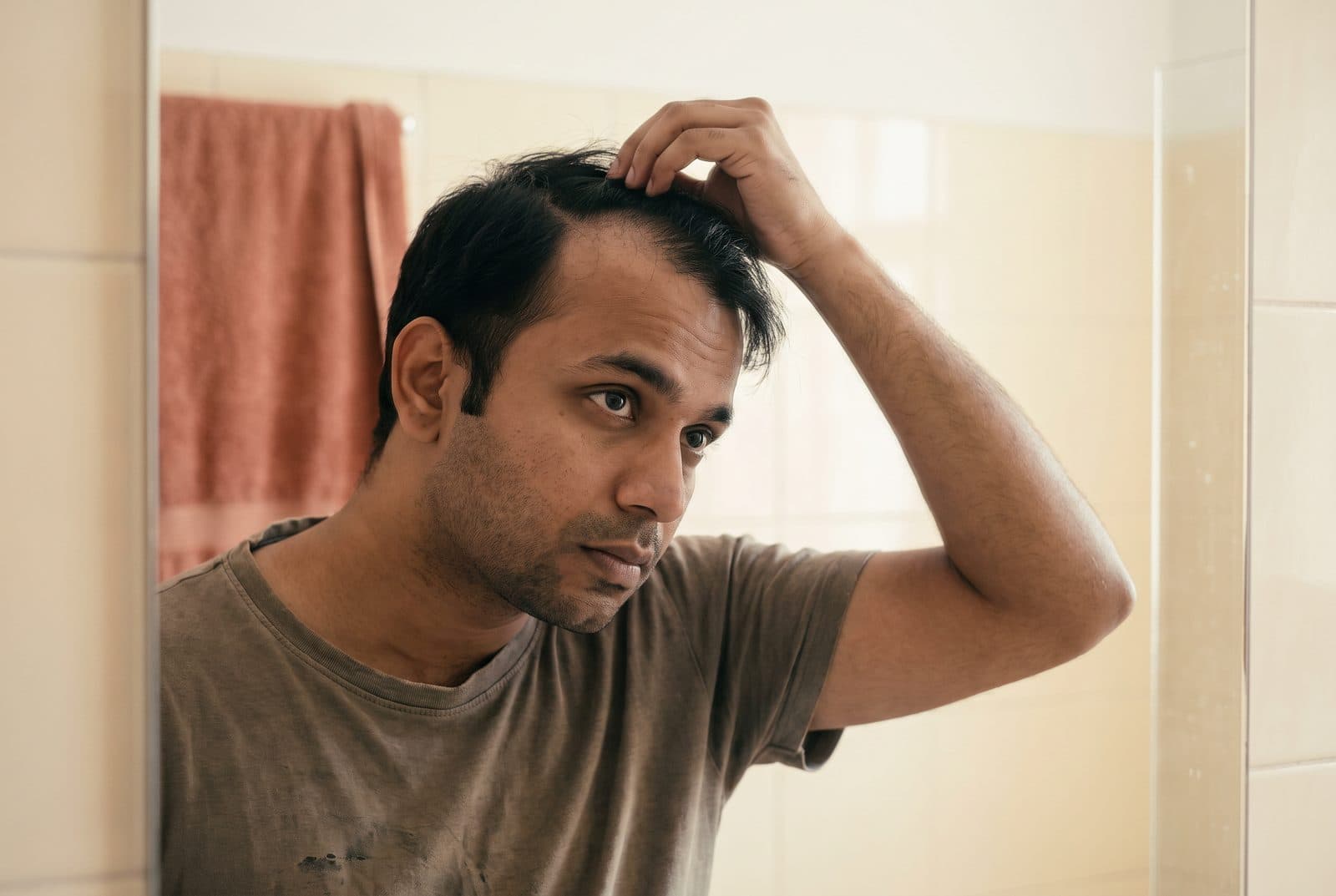 A man examining his hairline in a bathroom mirror
